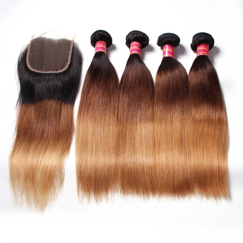 Idolra Hair 4 Bundles Hair With ClosureThree Tone Ombre Straight Human Virgin Hair Weaving